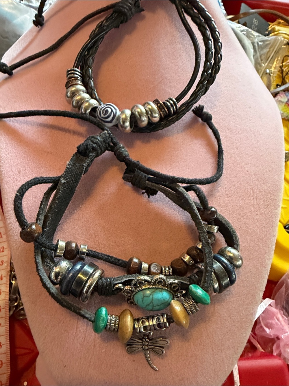 2 Bohemian Leather Multi-Strand Bracelets, Size Adjustable, (J0295)